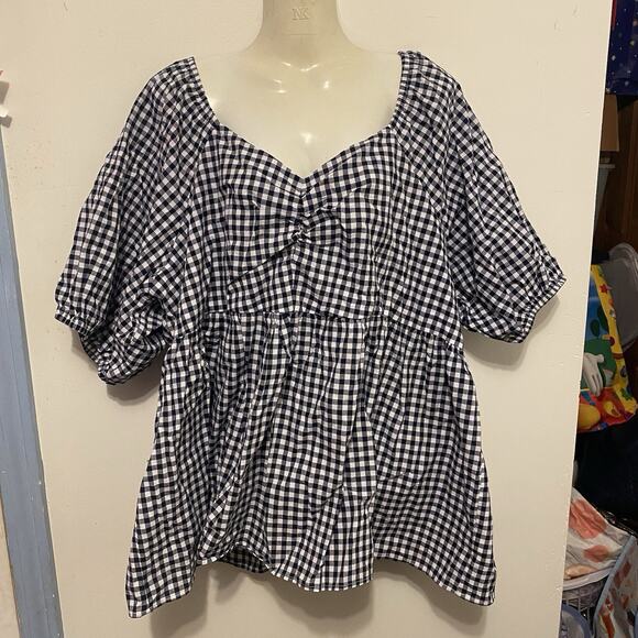 Women Plus Sz 2X Blouse Tiered Babydoll Puff Sleeve Top Cotton Gingham Bohemian - Picture 3 of 9